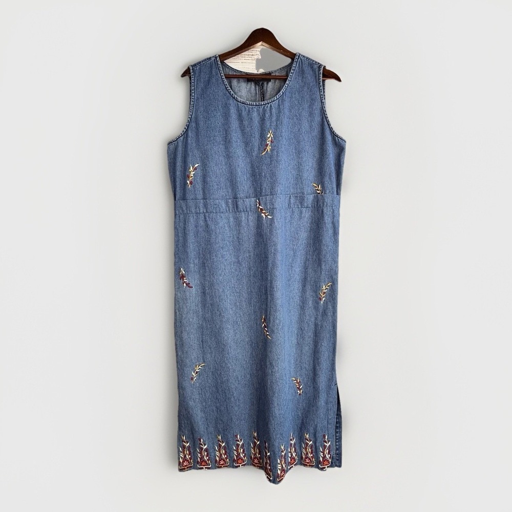Vintage 90s Denim Dress M/L Embroidered Mom Shift Pinafore Cottage Modest
